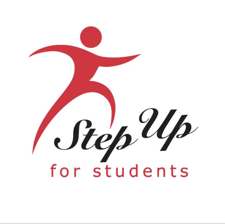 A red and black logo of a person with the words " step up for students ".